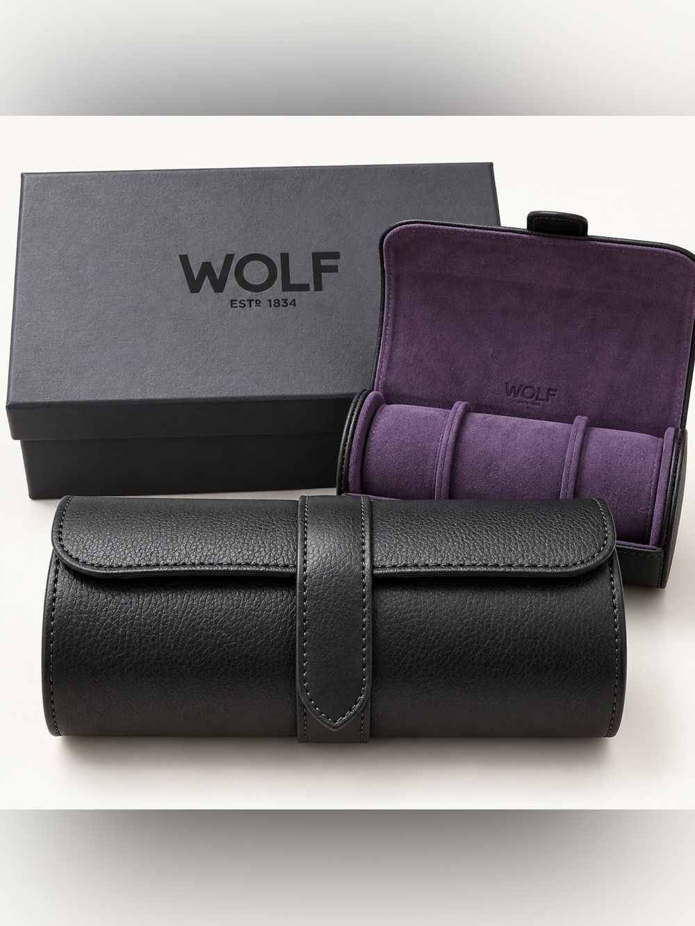 WOLF 1834 Black Leather Watch Roll Travel Case Purple Suede Interior w/ Box